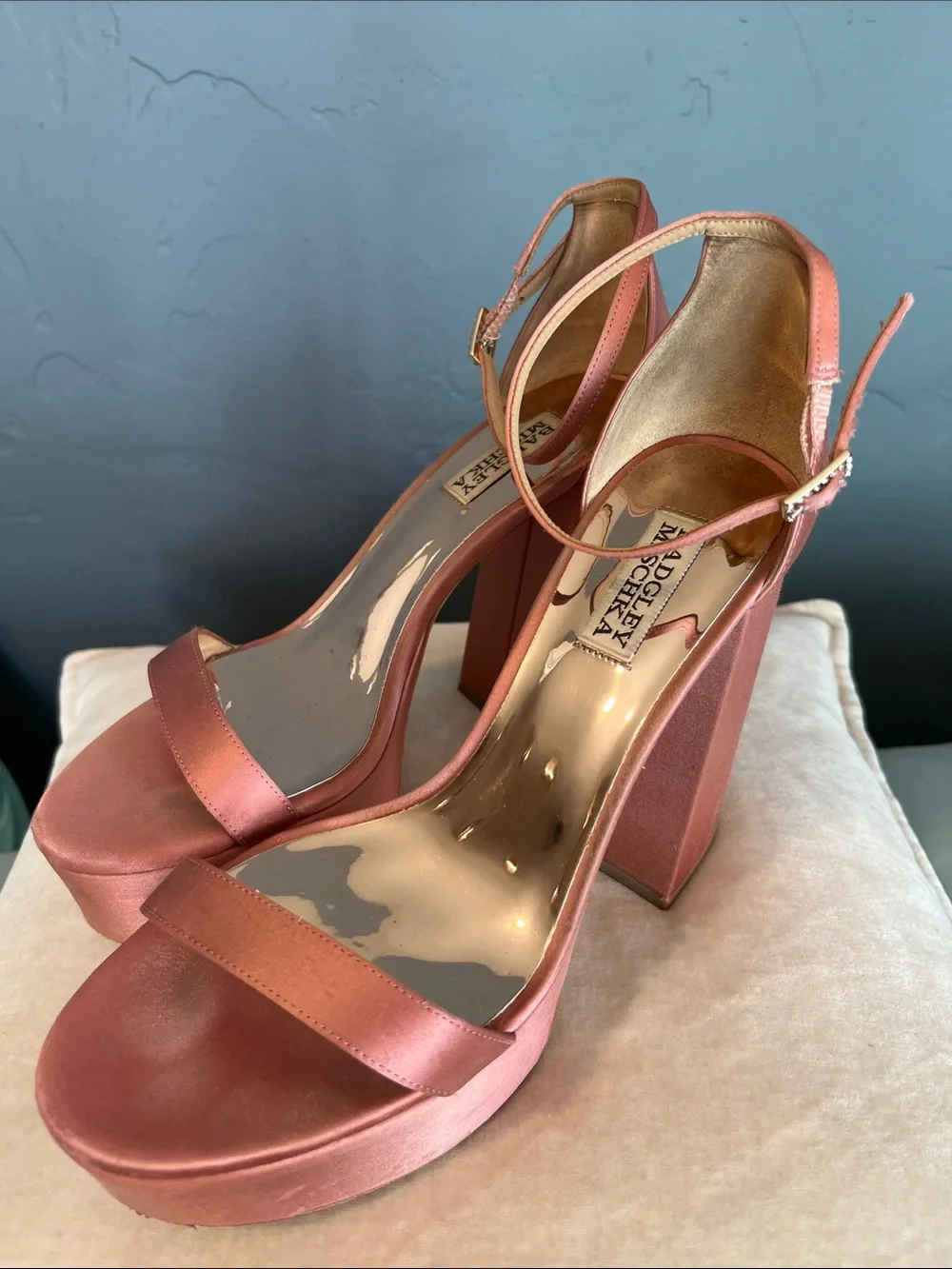 Badgley Mischka Rose Satin Platform Block Heels